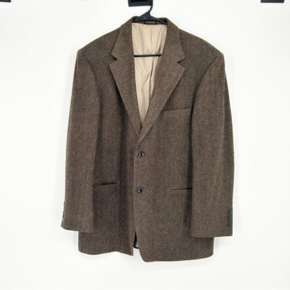 Oscar De La Renta Brown Herringbone Wool Blazer Size 43R - Picture 1 of 10